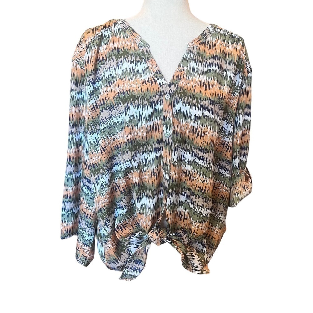 Salon Studio Plus Sized Top Multicolor Abstract Artsy Roll Tab Sleeve Size: 3X